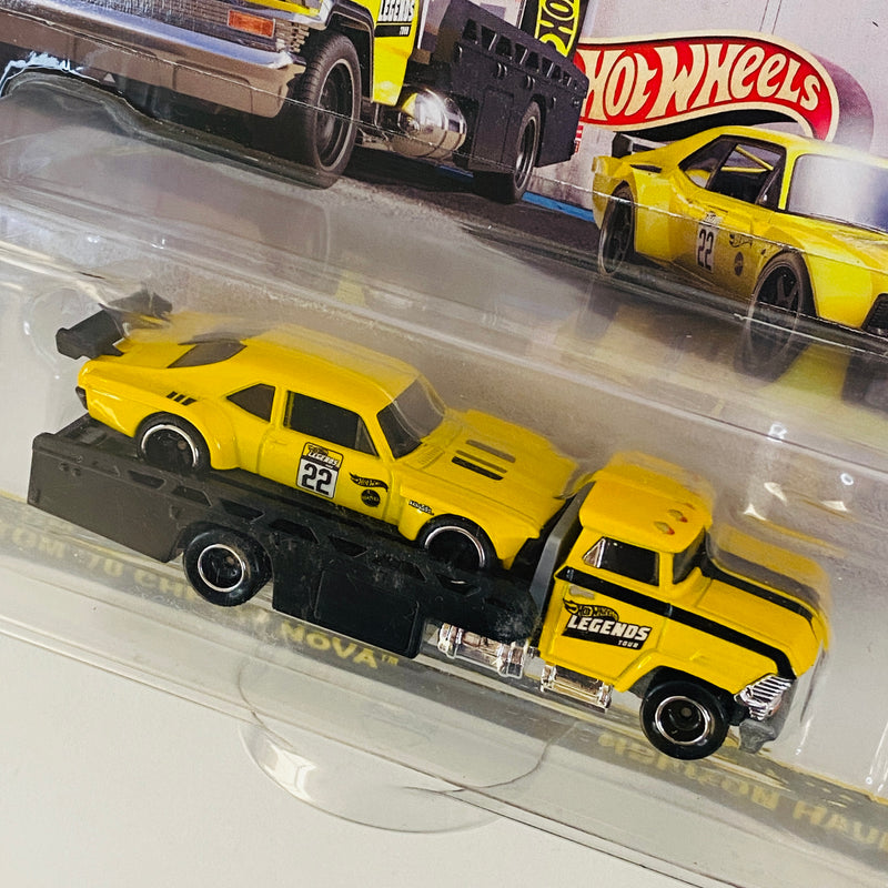2022 Hot Wheels Premium Car Culture Team Transport Walmart Legends Tour Exclusive Custom 70 Chevy Nova y camión Horizon Hauler con Llantas de Goma RR