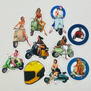Set de 10 Stickers de Motos Vespa Clásicas y Chicas Pin-Up