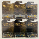 2018 Hot Wheels 50th Anniversary Black and Gold Colección Set de 6 - Bone Shaker, Twin Mill, Rodger Dodger, 68 Dodge Dart, 64 Impala Chevrolet, 65 Ford Ranchero