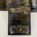 2018 Hot Wheels 50th Anniversary Black and Gold Colección Set de 6 - Bone Shaker, Twin Mill, Rodger Dodger, 68 Dodge Dart, 64 Impala Chevrolet, 65 Ford Ranchero