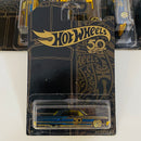 2018 Hot Wheels 50th Anniversary Black and Gold Colección Set de 6 - Bone Shaker, Twin Mill, Rodger Dodger, 68 Dodge Dart, 64 Impala Chevrolet, 65 Ford Ranchero