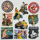 Set de 10 Stickers de Autos Clásicos Hot Rods y Chicas Pin-Up