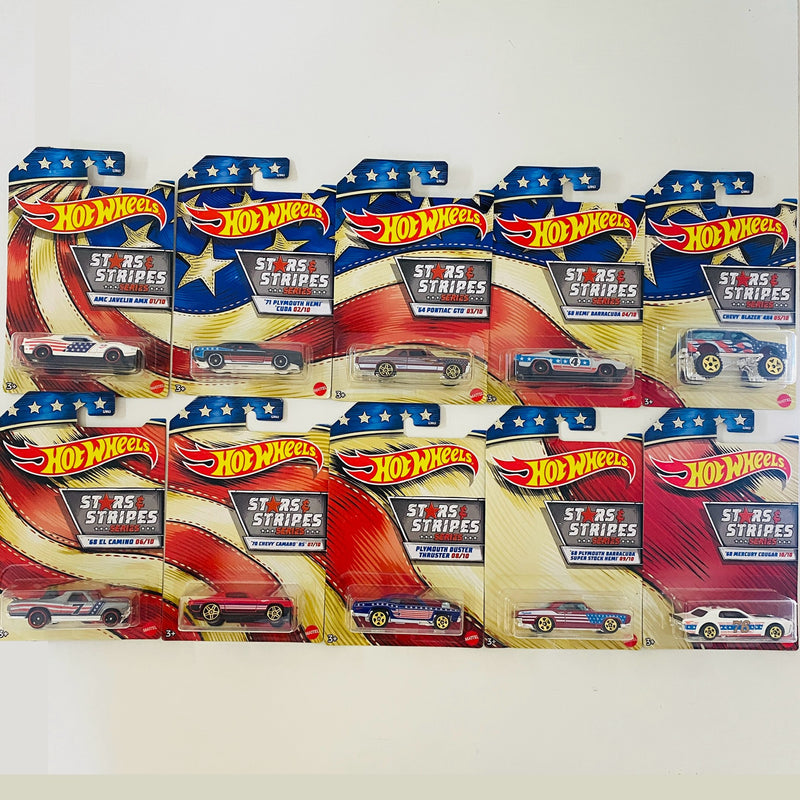 2020 Hot Wheels Stars & Stripes Colección Set de 10 - AMC Javelin AMX, 71 Plymouth Hemi Cuda, 64 Pontiac GTO, 68 Hemi Barracuda, Chevy Blazer 4x4, 68 El Camino Chevrolet y más