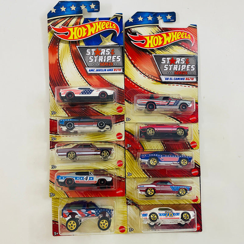 2020 Hot Wheels Stars & Stripes Colección Set de 10 - AMC Javelin AMX, 71 Plymouth Hemi Cuda, 64 Pontiac GTO, 68 Hemi Barracuda, Chevy Blazer 4x4, 68 El Camino Chevrolet y más