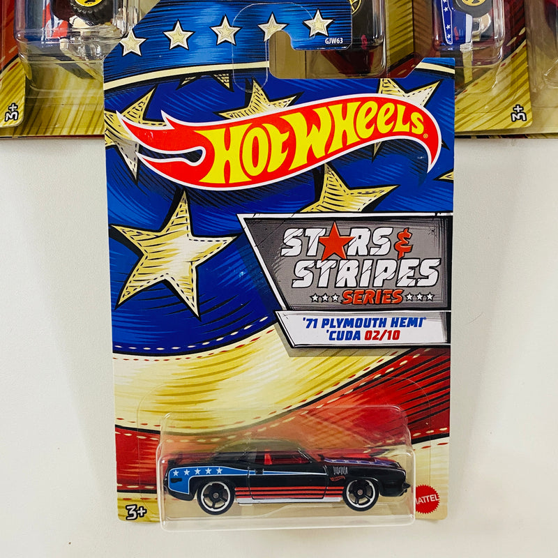 2020 Hot Wheels Stars & Stripes Colección Set de 10 - AMC Javelin AMX, 71 Plymouth Hemi Cuda, 64 Pontiac GTO, 68 Hemi Barracuda, Chevy Blazer 4x4, 68 El Camino Chevrolet y más