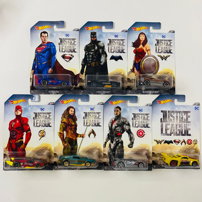 2017 Hot Wheels Justice League DC Colección Set de 7 - Power Pro, Street Shaker, Maximum Leeway, RD-09, Blvd Bruiser, Quick n Sik, Bassline