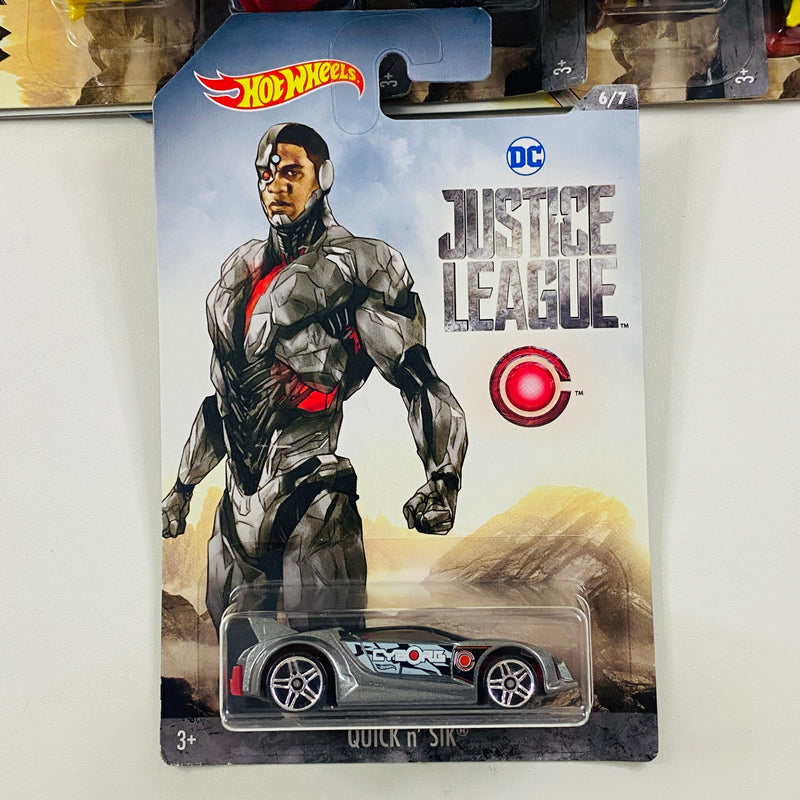 2017 Hot Wheels Justice League DC Colección Set de 7 - Power Pro, Street Shaker, Maximum Leeway, RD-09, Blvd Bruiser, Quick n Sik, Bassline