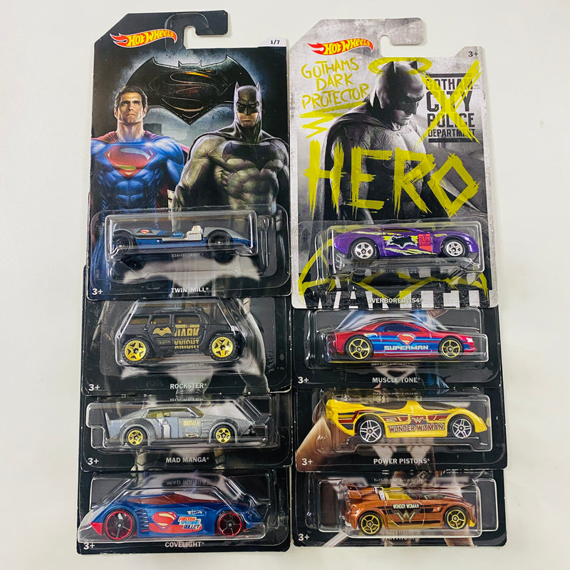 2016 Hot Wheels Batman v Superman Colección Set de 7 y CHASE - Twin Mill, Rockster, Mad Manga, Covelight, Muscle Tone, Power Pistons, Tantrum, Overbored 454 CHASE de Edición Limitada