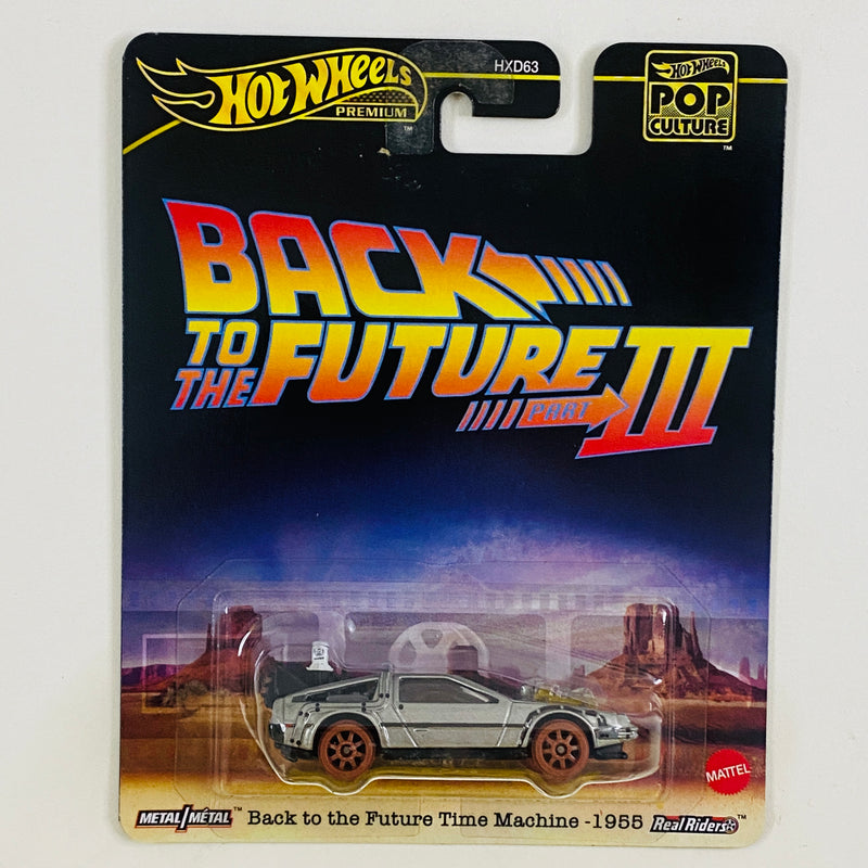 2025 Hot Wheels Premium Pop Culture Back To The Future Time Machine 1955 DeLorean DMC-12 Volver Al Futuro plata metálico Llantas de Ferrocarril base ZAMAC