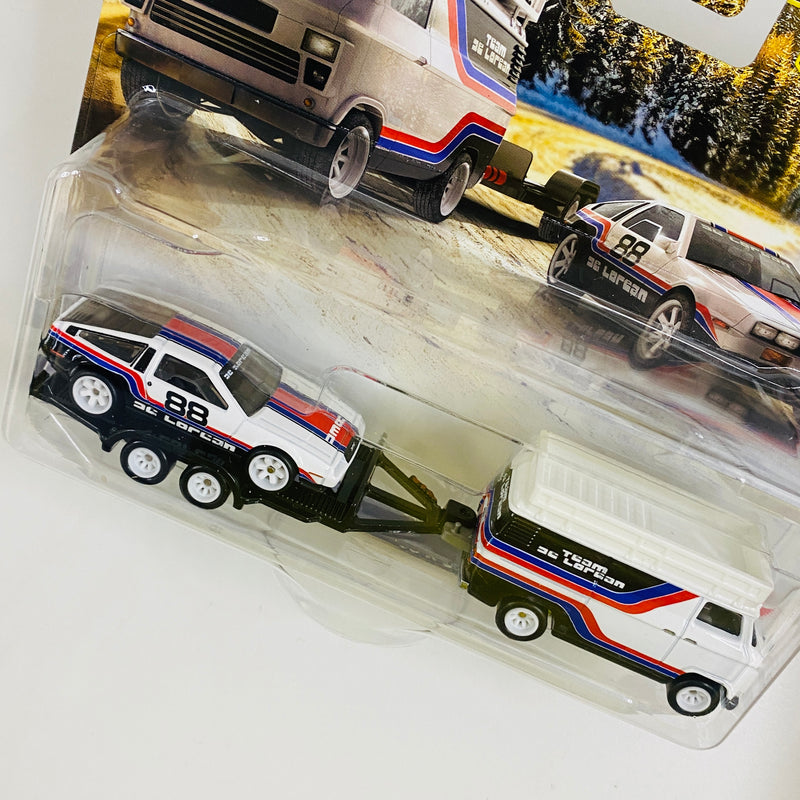 2025 Hot Wheels Premium Car Culture Team Transport DMC DeLorean en Trailer y HW Rally Hauler con Llantas de Goma RR