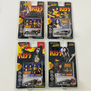 1997 Johnny Lightning KISS Colección Set de 4 Funny Cars con Llantas de Goma y Tarjeta Fotográfica - Paul Stanley, Gene Simmons, Ace Frehley, Peter Criss