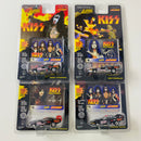 1997 Johnny Lightning KISS Colección Set de 4 Funny Cars con Llantas de Goma y Tarjeta Fotográfica - Paul Stanley, Gene Simmons, Ace Frehley, Peter Criss