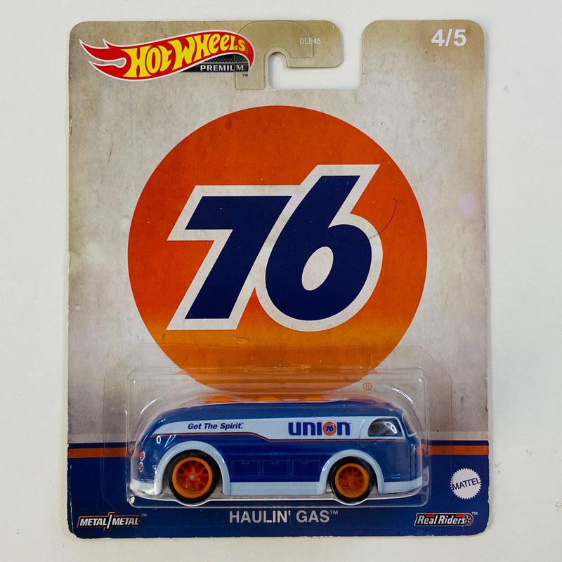 2023 Hot Wheels Premium Pop Culture Vintage Oil Union 76 Haulin Gas azul con blanco Llantas de Goma RR