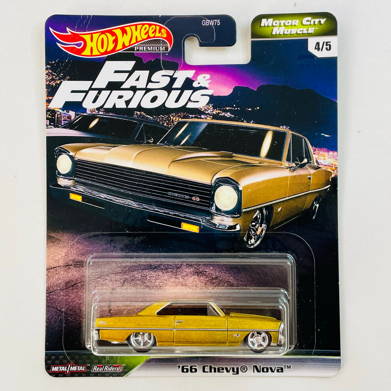 2020 Hot Wheels Premium Fast & Furious Motor City Muscle Rápidos y Furiosos 66 Chevy Nova dorado Llantas de Goma RR