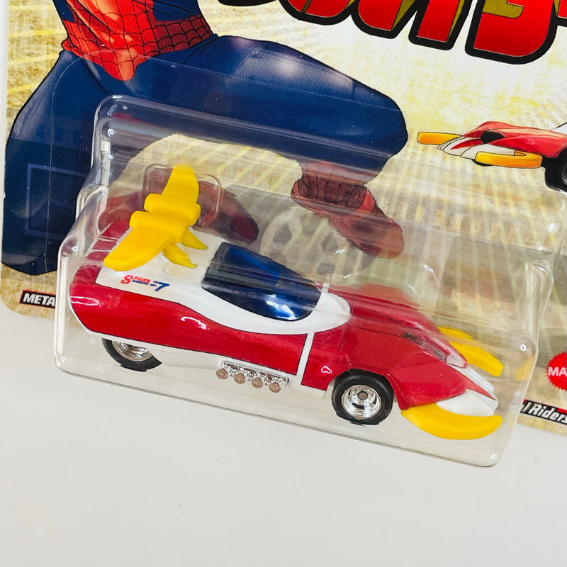 2021 Hot Wheels Premium Entertainment Marvel Spider-Man Spider Machine GP-7 rojo con blanco Llantas de Goma RR