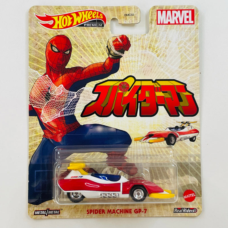 2021 Hot Wheels Premium Entertainment Marvel Spider-Man Spider Machine GP-7 rojo con blanco Llantas de Goma RR