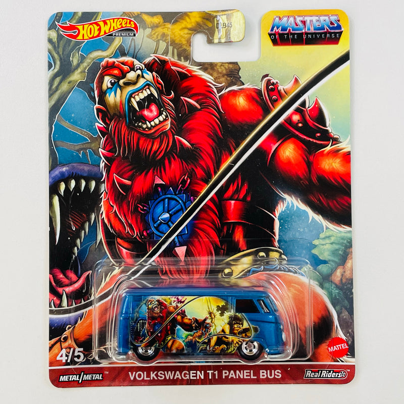 2021 Hot Wheels Premium Pop Culture Masters of the Universe He-Man Beast Man Volkswagen T1 Panel Bus azul metálico Llantas de Goma RR base ZAMAC