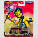 2021 Hot Wheels Premium Pop Culture Masters of the Universe He-Man Evil-Lyn 55 Chevy Panel rojo metálico Llantas de Goma RR base ZAMAC