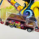 2021 Hot Wheels Premium Pop Culture Masters of the Universe He-Man Evil-Lyn 55 Chevy Panel rojo metálico Llantas de Goma RR base ZAMAC