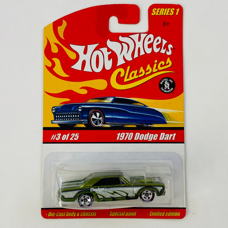 2005 Hot Wheels Classics Series 1 1968 Dodge Dart verde spectraflame Goodyear 5SP base ZAMAC - Detalle Burbuja