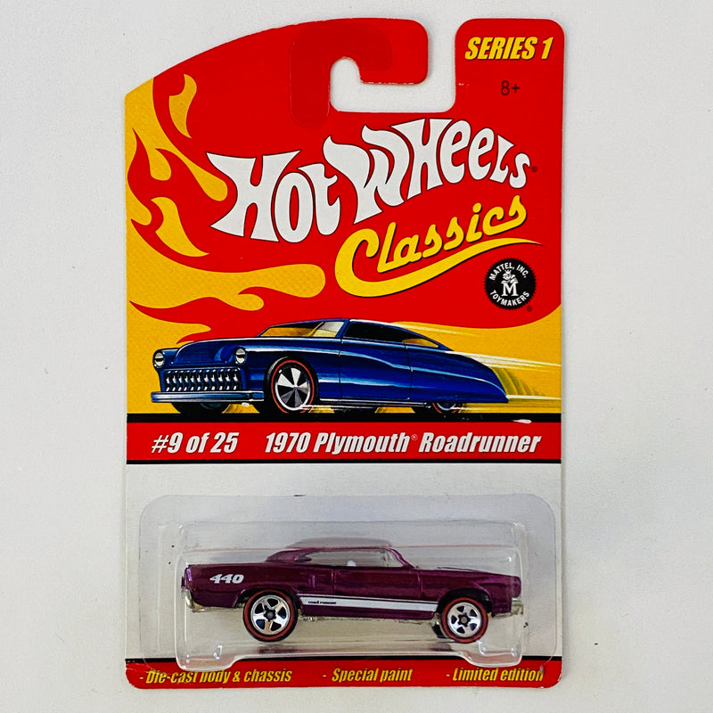 2005 Hot Wheels Classics Series 1 1970 Plymouth Roadrunner morado spectraflame Redline 5SP base ZAMAC