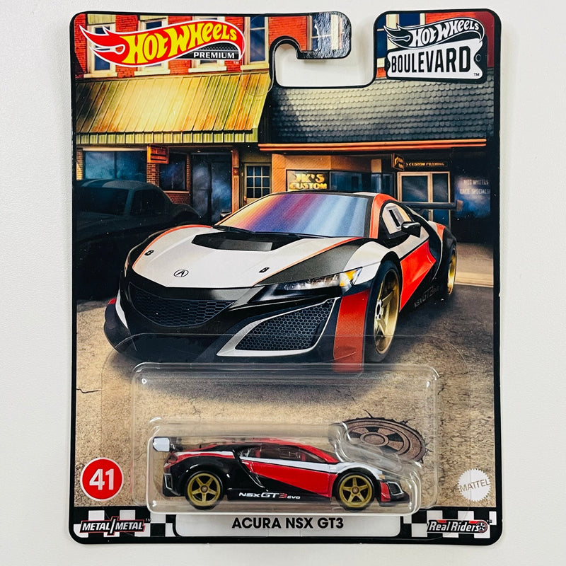 2022 Hot Wheels Premium Boulevard Acura NSX GT3 rojo con blanco y negro Llantas de Goma RR