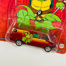 2022 Hot Wheels Premium Pop Culture Teenage Mutant Ninja Turtles Tortugas Ninja Custom GMC Panel Van 1983 GMC Vandura A Team Van rojo metálico Llantas de Goma RR base ZAMAC