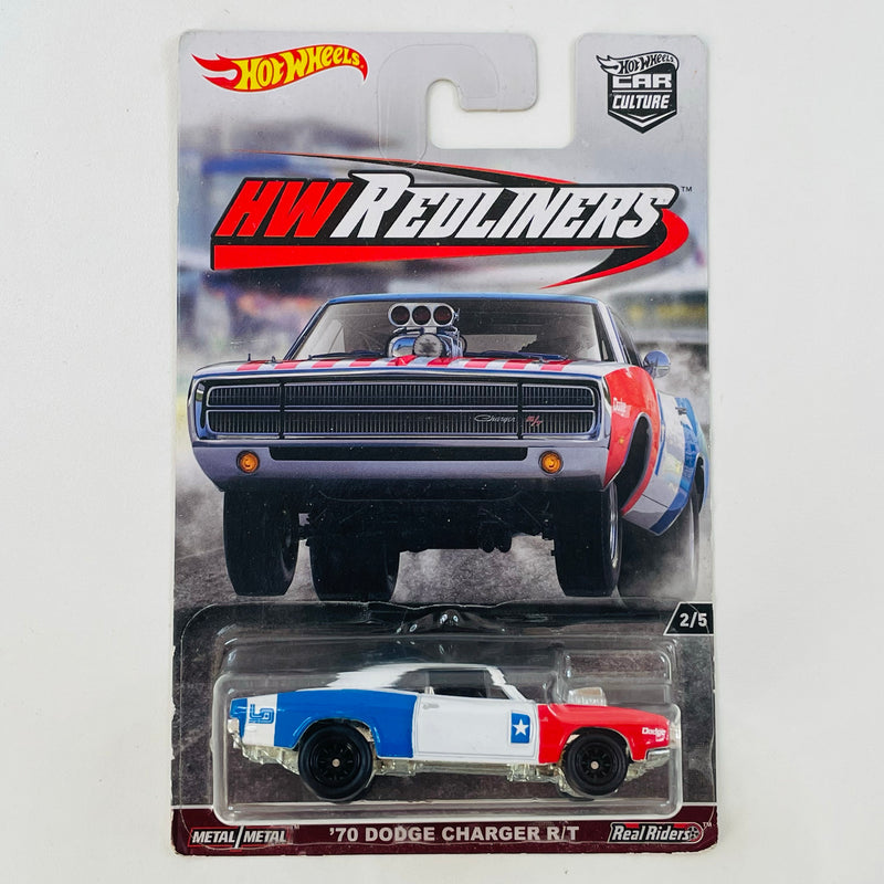2017 Hot Wheels Premium Car Culture HW Redliners 70 Dodge Charger R/T blanco metálico Llantas de Goma RR base ZAMAC