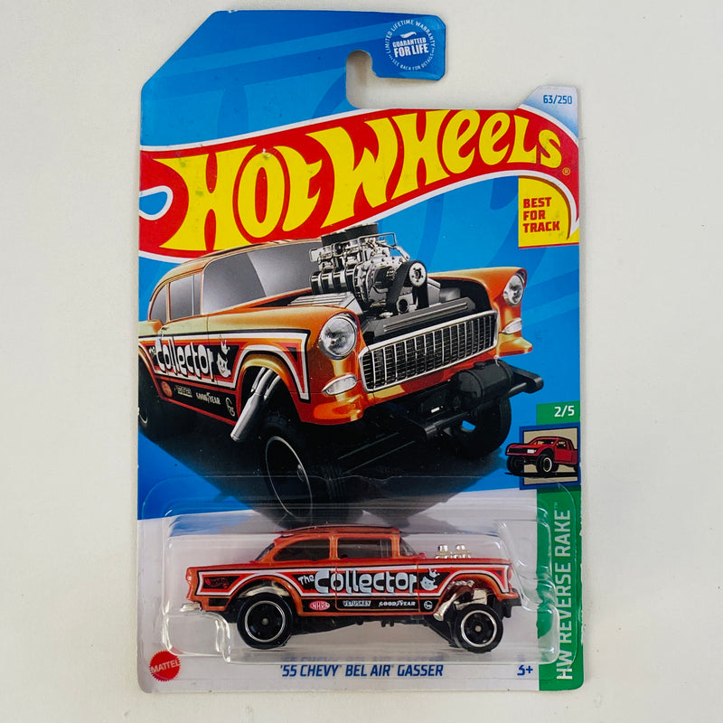 2024 Hot Wheels HW Reverse Rake 55 Chevy Bel Air Gasser naranja metálico RSW