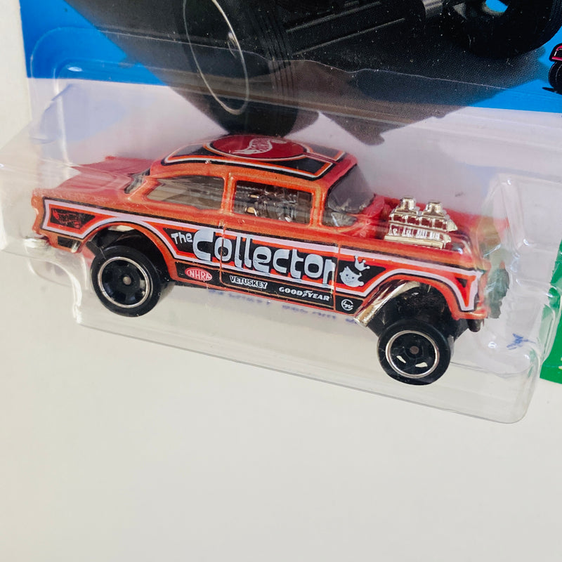 2024 Hot Wheels HW Reverse Rake 55 Chevy Bel Air Gasser naranja metálico RSW