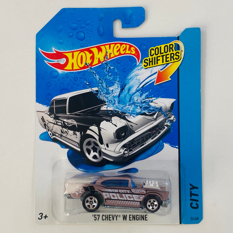 2014 Hot Wheels Color Shifters HW City 57 Chevy W Engine negro y blanco policial 5SP base ZAMAC - Cambia de Color