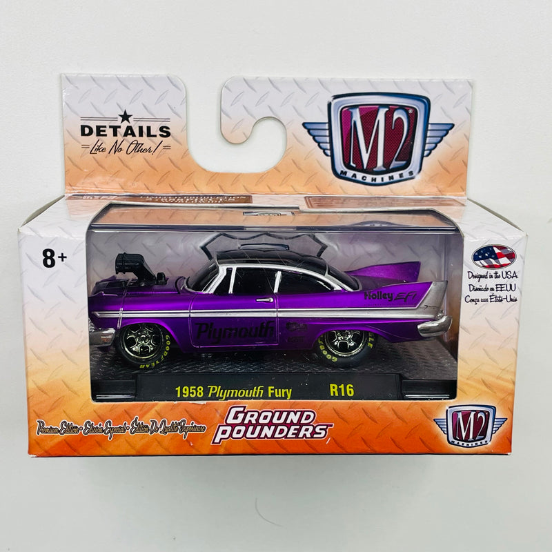 2017 M2 Machines Ground Pounders Limited Edition 1/2,888 1958 Plymouth Fury R16 morado metálico Llantas de Goma
