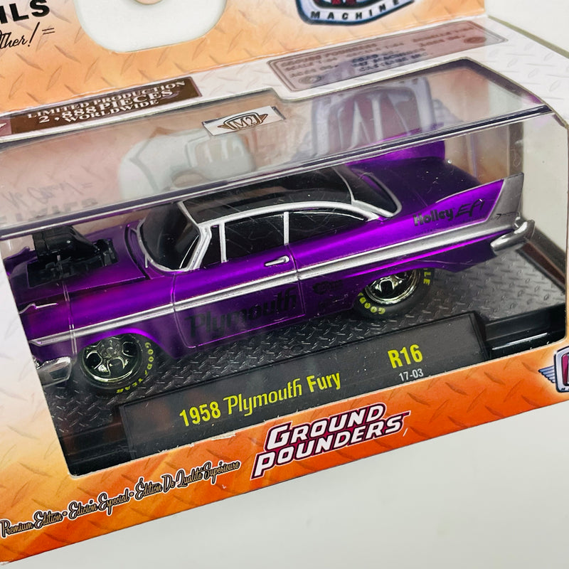 2017 M2 Machines Ground Pounders Limited Edition 1/2,888 1958 Plymouth Fury R16 morado metálico Llantas de Goma