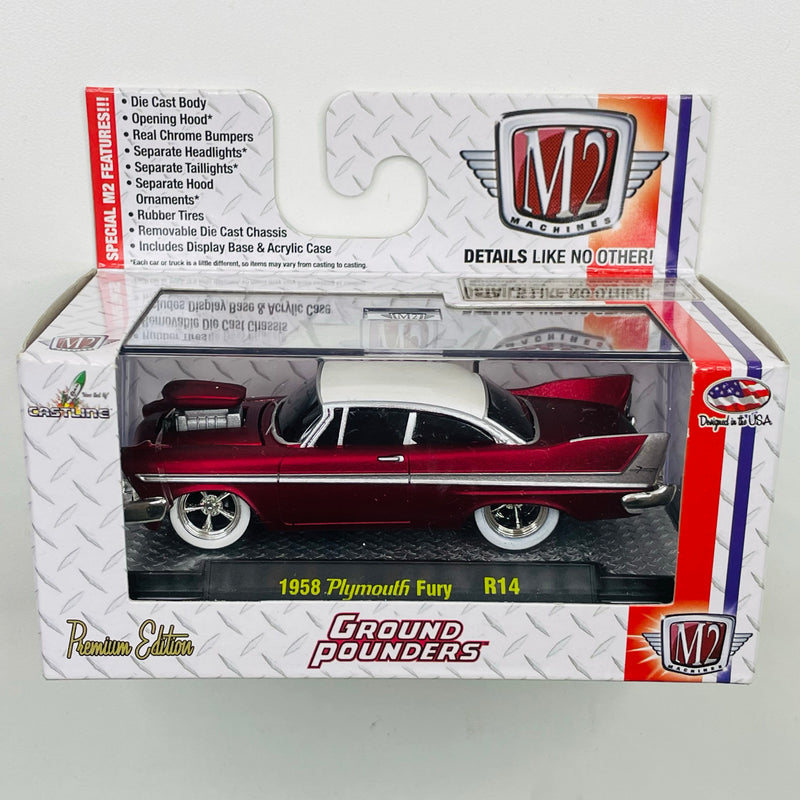 2015 M2 Machines Ground Pounders Limited Edition 1958 Plymouth Fury R14 rojo metálico Llantas de Goma