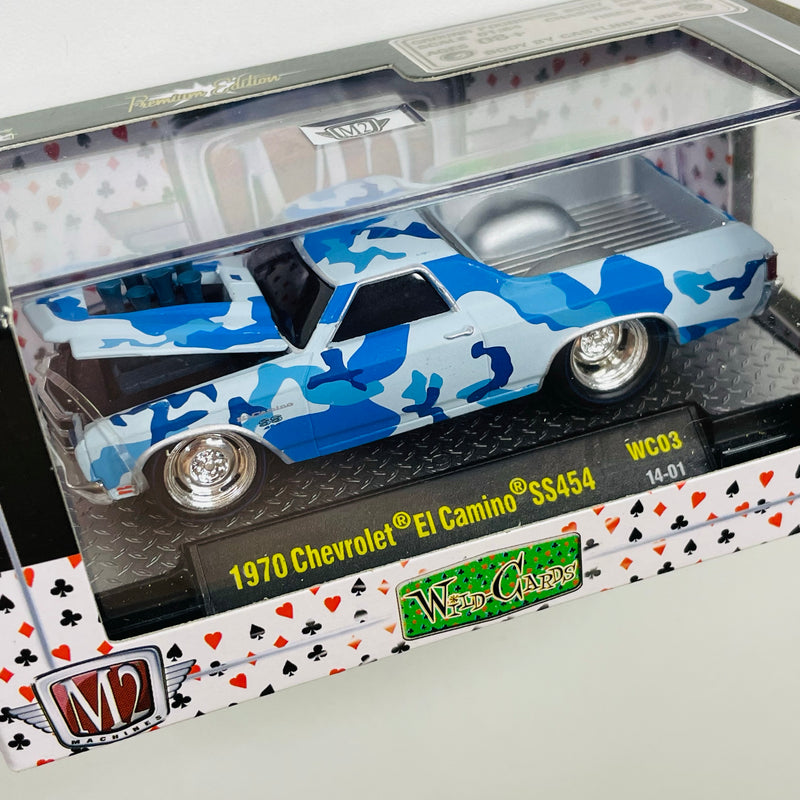 2014 M2 Machines Wild Cards Limited Edition 1970 Chevrolet El Camino SS 454 WC03 azul camuflado Llantas de Goma