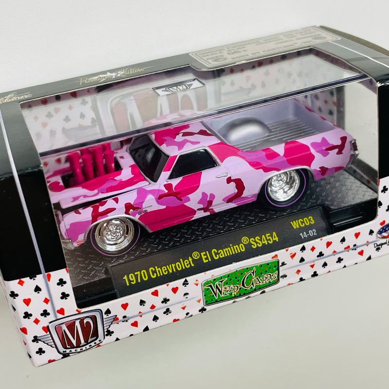 2014 M2 Machines Wild Cards Limited Edition 1970 Chevrolet El Camino SS 454 WC03 rosado camuflado Llantas de Goma