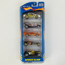 2001 Hot Wheels Spider Slam 5 Pack Set de 5 - Chevrolet Stocker, Turbo Flame, Power Pistons, Sweet 16 II, Saltflat Racer