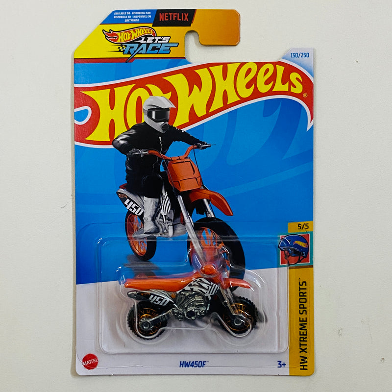 2024 Hot Wheels Let's Race NETFLIX HW Xtreme Sports HW450F naranja ORMC base ZAMAC