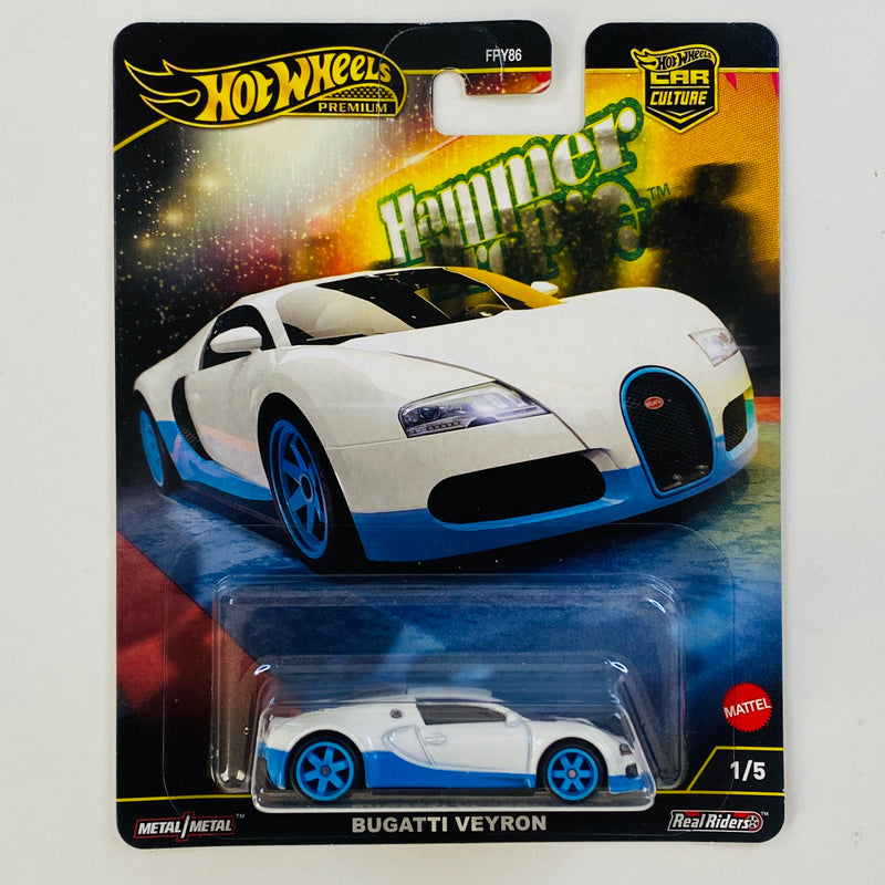 2025 Hot Wheels Premium Car Culture: Hammer Drop Bugatti Veyron blanco Llantas de Goma RR