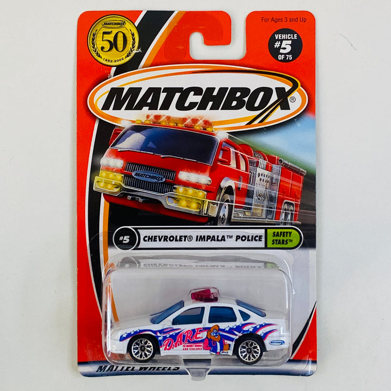 2002 Matchbox 50th Anniversary Safety Stars Chevrolet Impala Police blanco