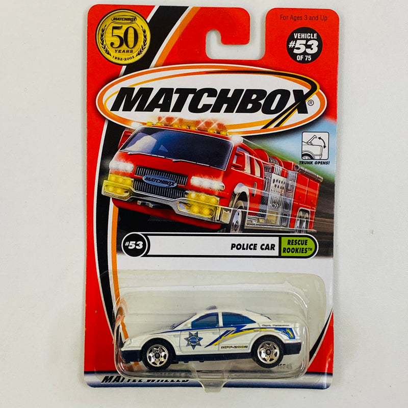 2002 Matchbox 50th Anniversary Rescue Rookies Police Car blanco Primera Edición con Maletero Funcional