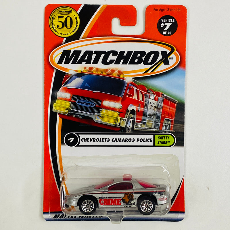 2002 Matchbox 50th Anniversary Safety Stars Chevrolet Camaro Police plata metálico