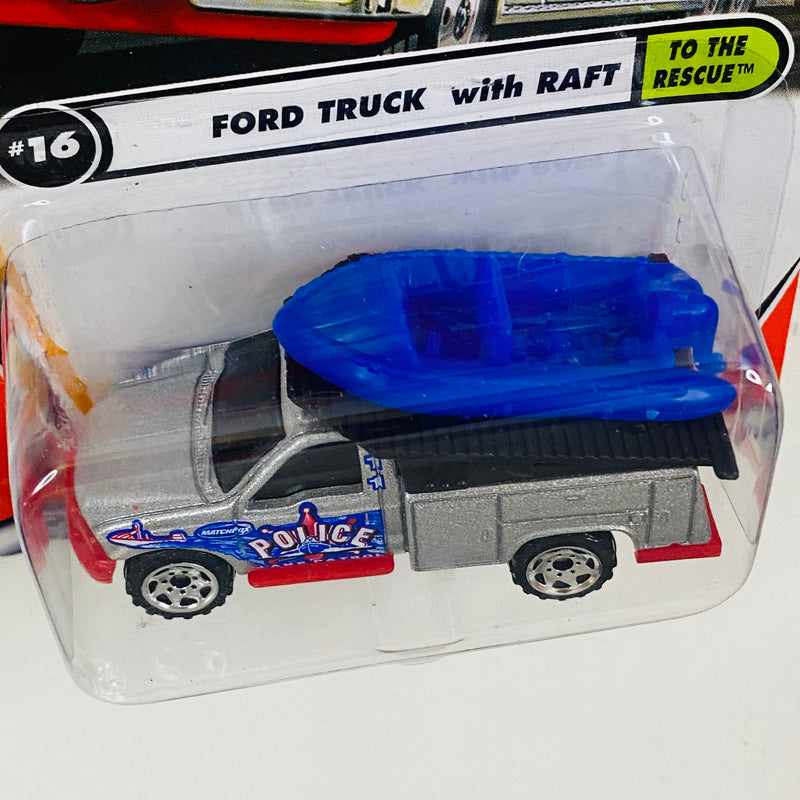2002 Matchbox 50th Anniversary To The Rescue Ford Truck with Raft plata metálico con Tolva Inclinable y Bote