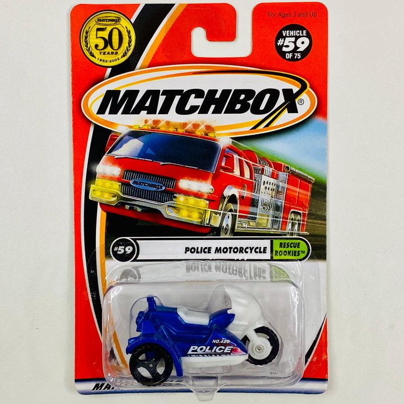 2002 Matchbox 50th Anniversary Rescue Rookies Police Motorcycle azul metálico Primera Edición