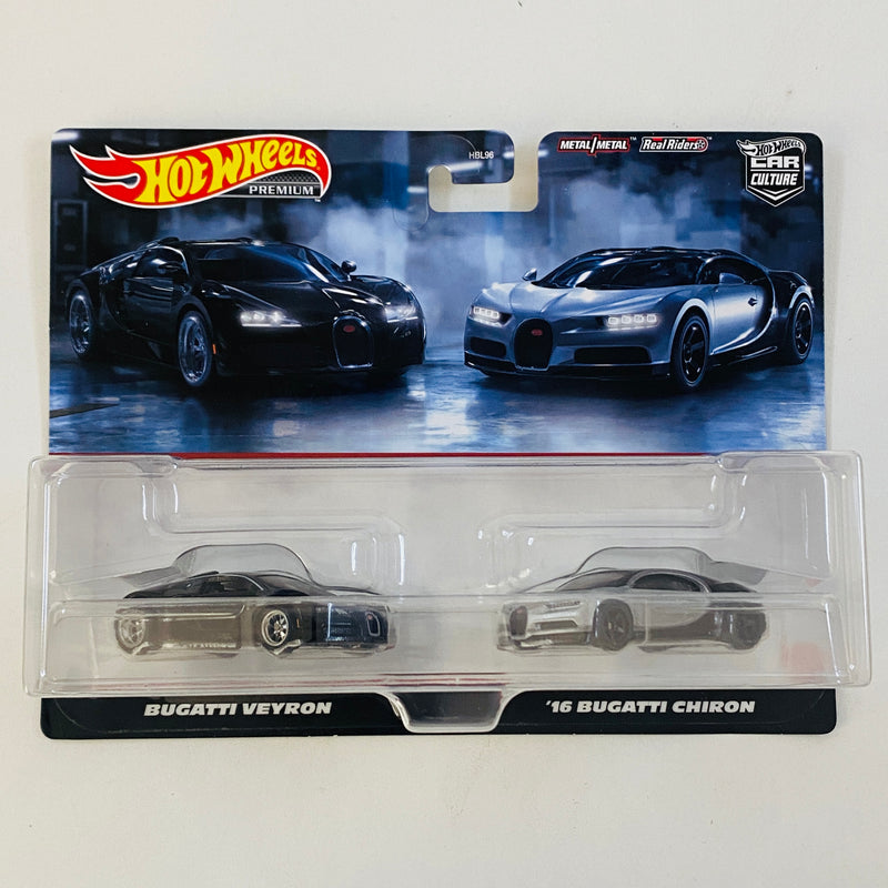 2023 Hot Wheels Premium Car Culture Bugatti 2 Pack Set de 2 - Bugatti Veyron y 16 Bugatti Chiron con Llantas de Goma RR