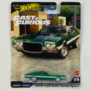 2024 Hot Wheels Premium Fast & Furious Rápidos y Furiosos 1972 Ford Gran Torino Sport verde metálico Llantas de Goma RR base ZAMAC