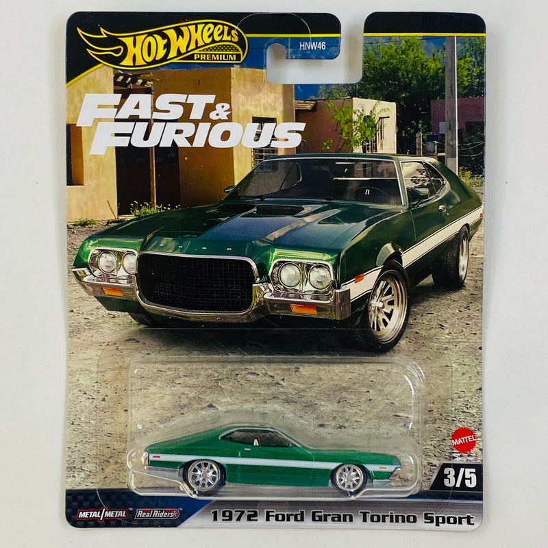 2024 Hot Wheels Premium Fast & Furious Rápidos y Furiosos 1972 Ford Gran Torino Sport verde metálico Llantas de Goma RR base ZAMAC