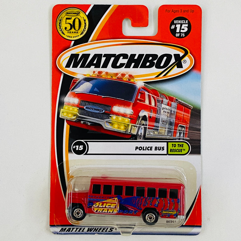 2002 Matchbox 50th Anniversary To The Rescue Wayne Lifeguard Police Bus rojo