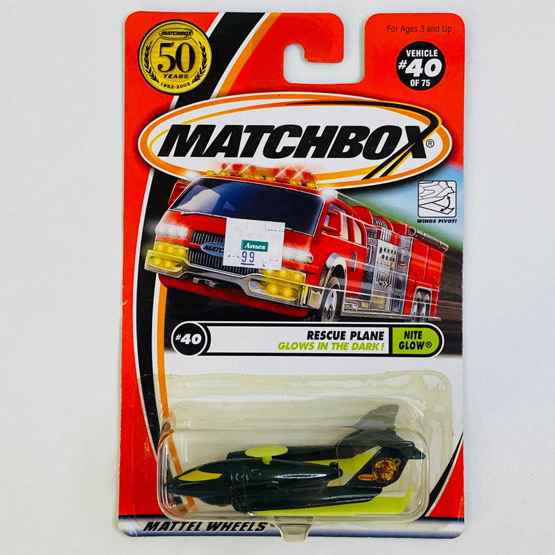 2002 Matchbox 50th Anniversary Nite Glow Rescue Plane negro con Alas Extensibles y Brilla en la Oscuridad