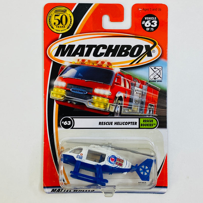2002 Matchbox 50th Anniversary Rescue Rookies Rescue Helicopter blanco Primera Edición con Hélices Rotativas